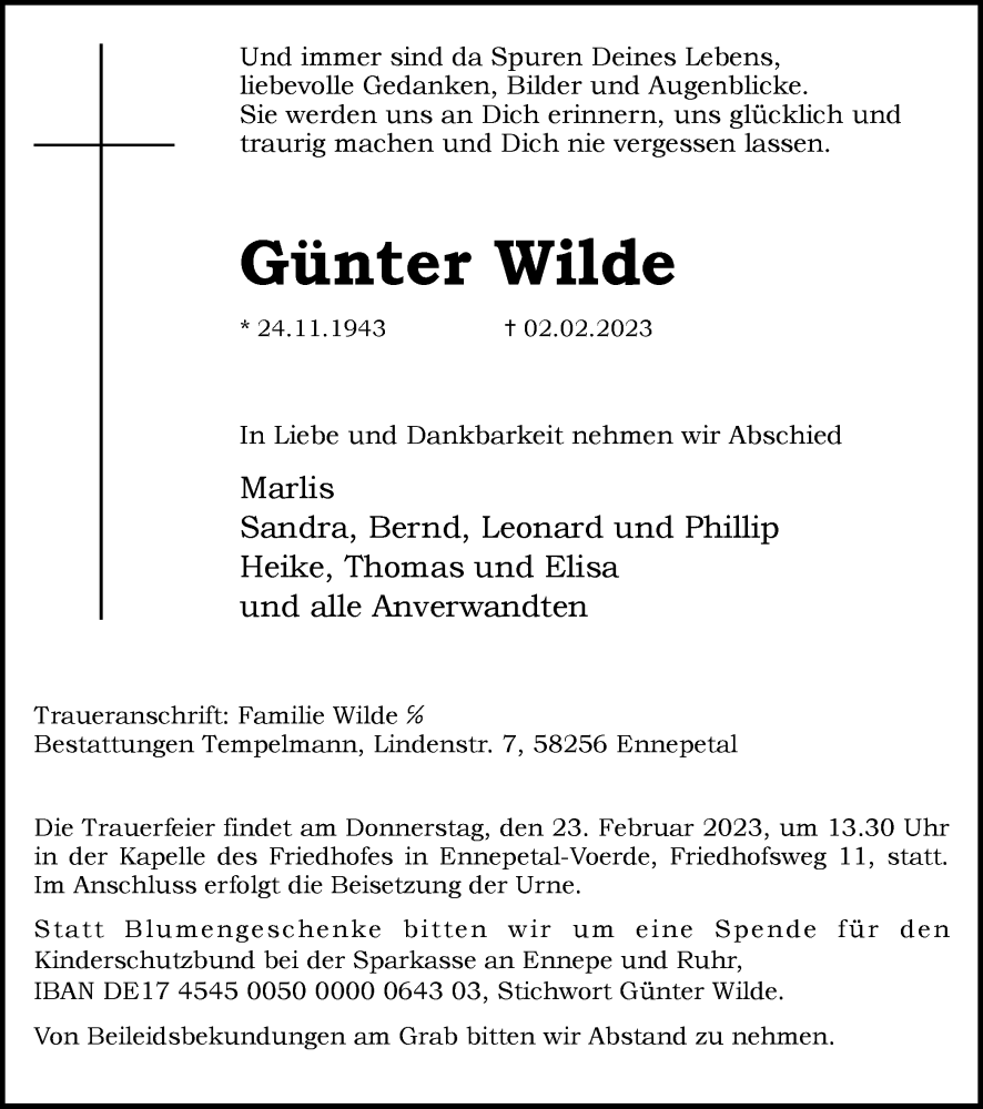  Traueranzeige für Günter Wilde vom 18.02.2023 aus Tageszeitung