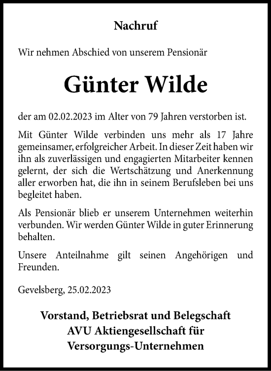 Traueranzeige von Günter Wilde von Tageszeitung