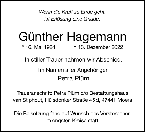 Traueranzeige von Günther Hagemann von Tageszeitung