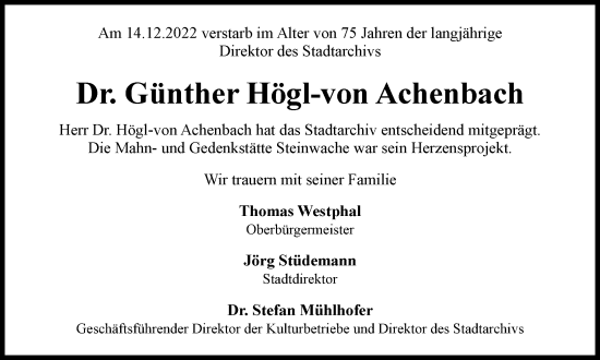 Traueranzeige von Günther  Högl-von Achenbach von Tageszeitung