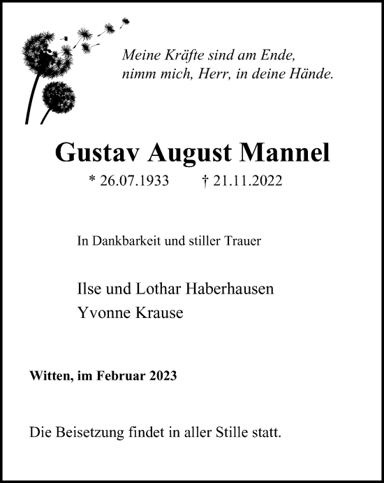 Traueranzeige von Gustav August Mannel von Tageszeitung