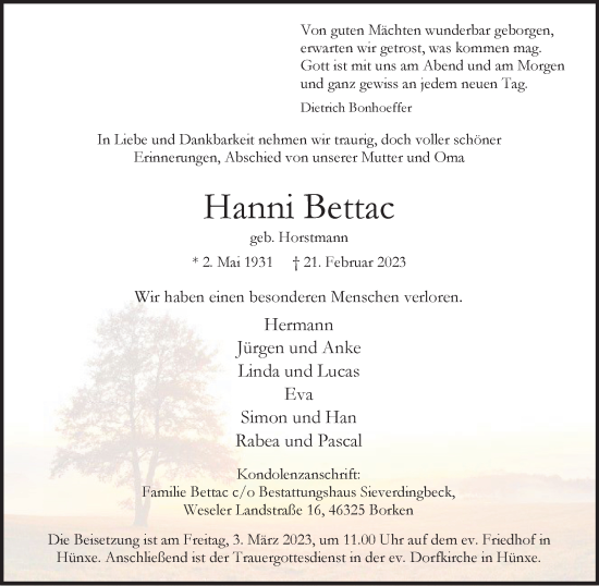 Traueranzeige von Hanni Bettac von Tageszeitung