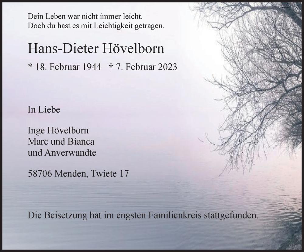  Traueranzeige für Hans-Dieter Hövelborn vom 18.02.2023 aus Tageszeitung