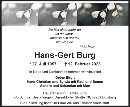 Traueranzeige von Hans-Gert Burg von Tageszeitung