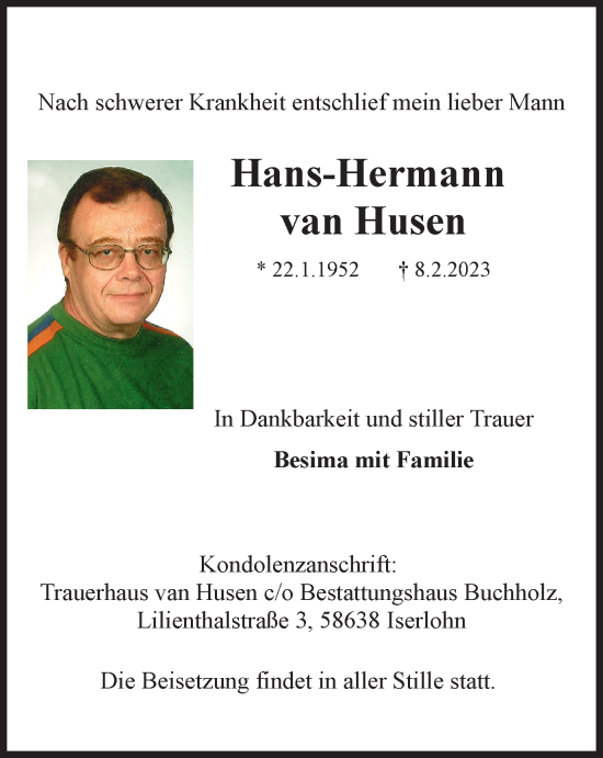 Traueranzeige von Hans-Hermann van Husen von Tageszeitung