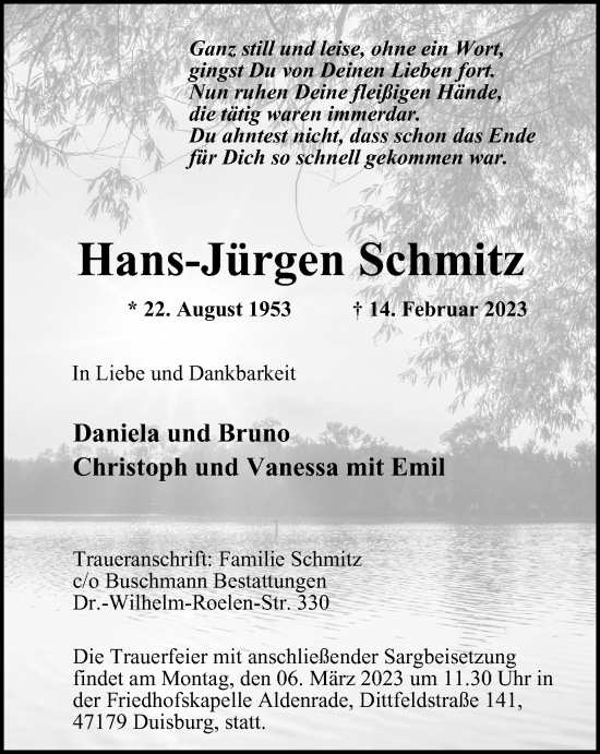 Traueranzeige von Hans-Jürgen Schmitz von Tageszeitung