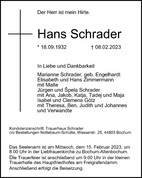 Traueranzeige von Hans Schrader von Tageszeitung