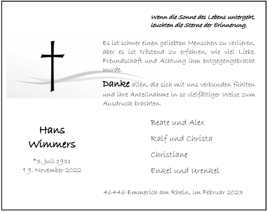Traueranzeige von Hans Wimmers von Tageszeitung