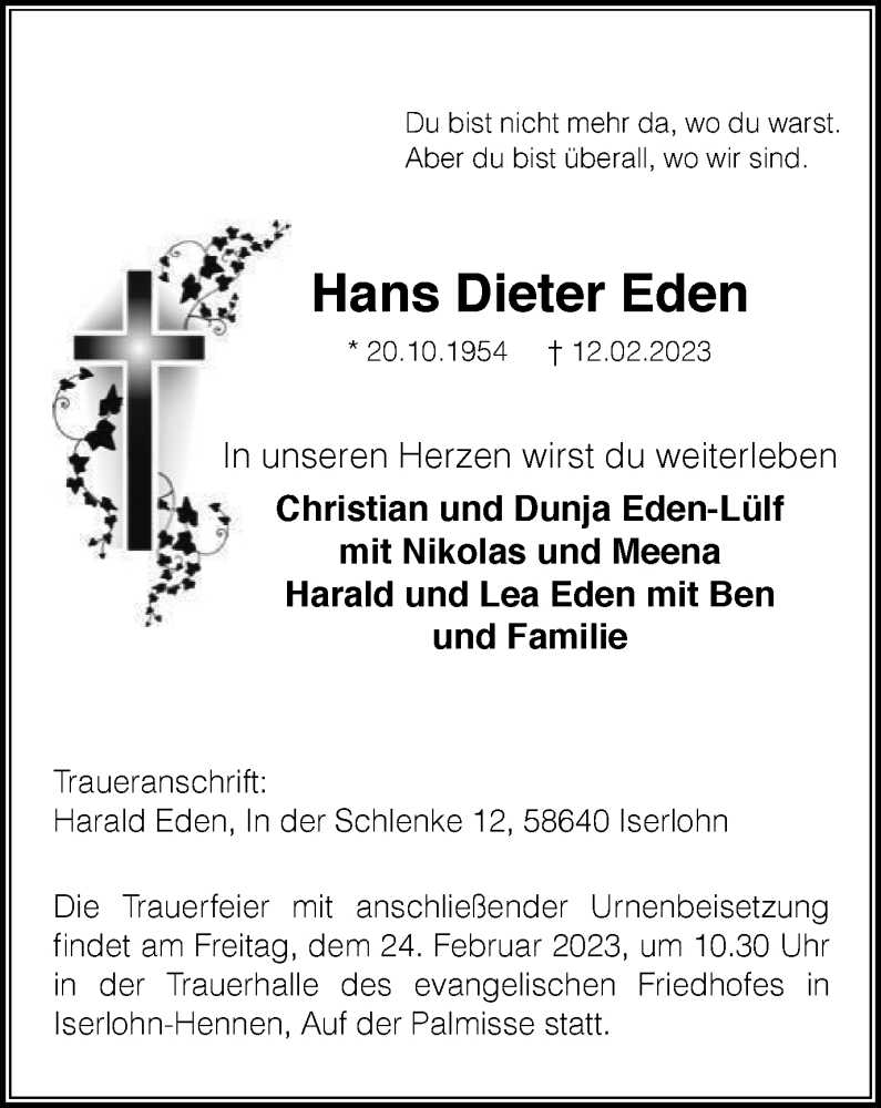  Traueranzeige für Hans Dieter Eden vom 18.02.2023 aus WVW Anzeigenblätter