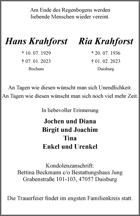 Traueranzeige von Hans und Ria Krahforst von Tageszeitung