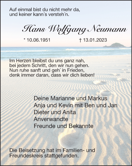 Traueranzeige von Hans Wolfgang Neumann von Tageszeitung