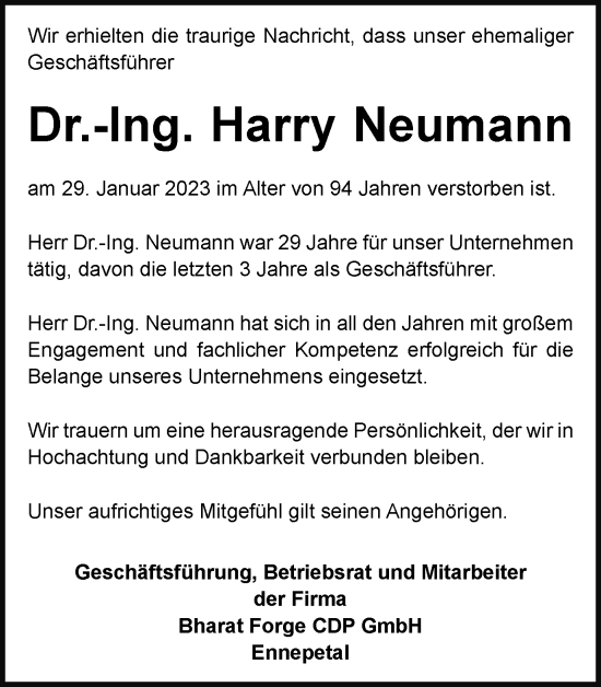 Traueranzeige von Harry Neumann von Tageszeitung