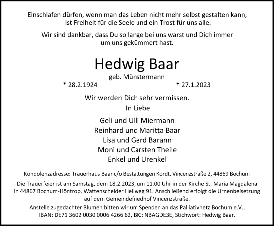 Traueranzeige von Hedwig Baar von Tageszeitung
