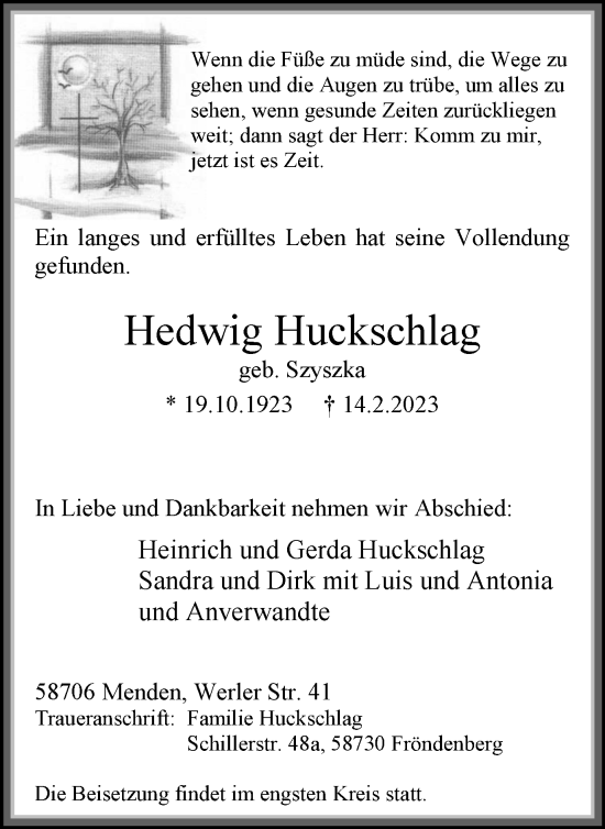Traueranzeige von Hedwig Huckschlag von WVW Anzeigenblätter