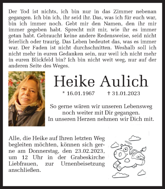 Traueranzeige von Heike Aulich von Tageszeitung