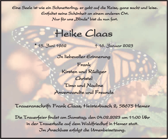 Traueranzeige von Heike Claas von Tageszeitung
