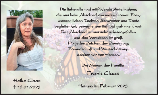 Traueranzeige von Heike Claas von Tageszeitung