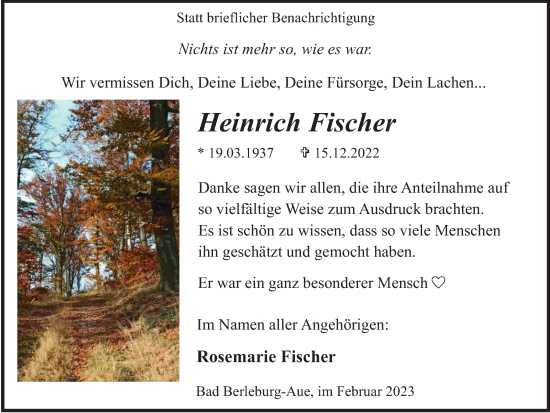 Traueranzeige von Heinrich Fischer von Tageszeitung