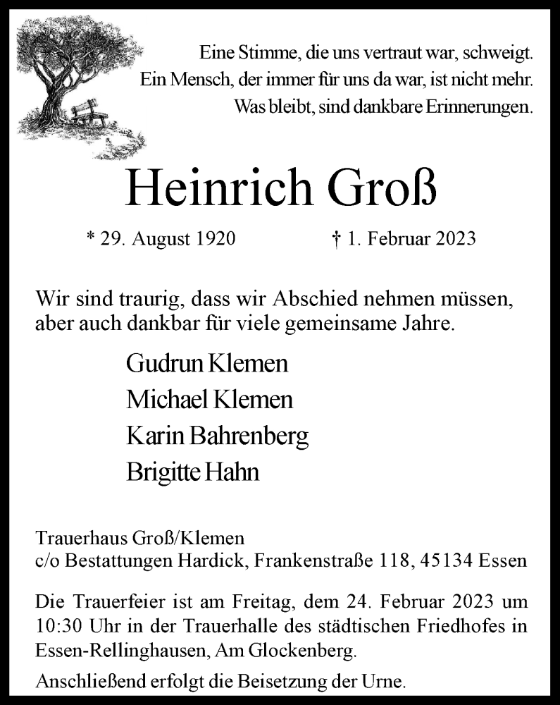  Traueranzeige für Heinrich Groß vom 11.02.2023 aus Tageszeitung