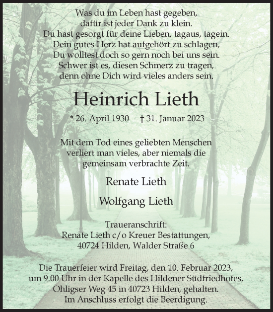 Traueranzeige von Heinrich Lieth von WVW Anzeigenblätter