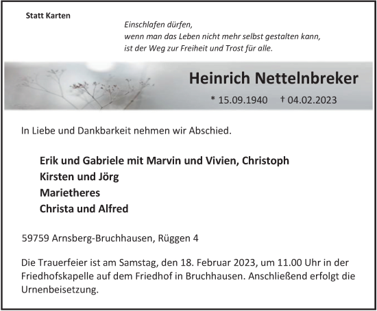 Traueranzeige von Heinrich Nettelnbreker von Tageszeitung