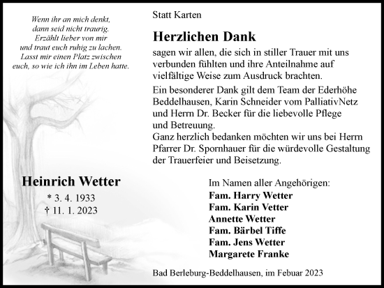 Traueranzeige von Heinrich Wetter von Tageszeitung