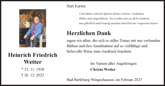 Traueranzeige von Heinrich Friedrich Wetter von Tageszeitung