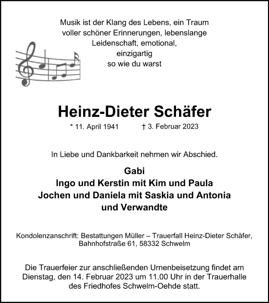 Traueranzeige von Heinz-Dieter Schäfer von Tageszeitung