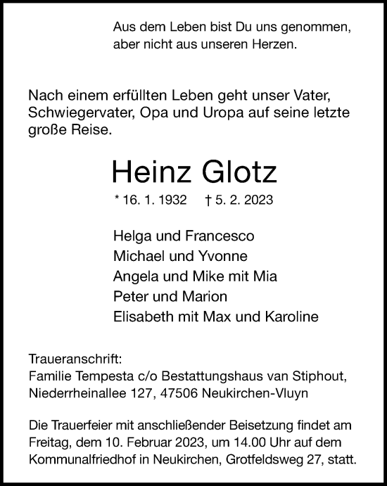 Traueranzeige von Heinz Glotz von Tageszeitung