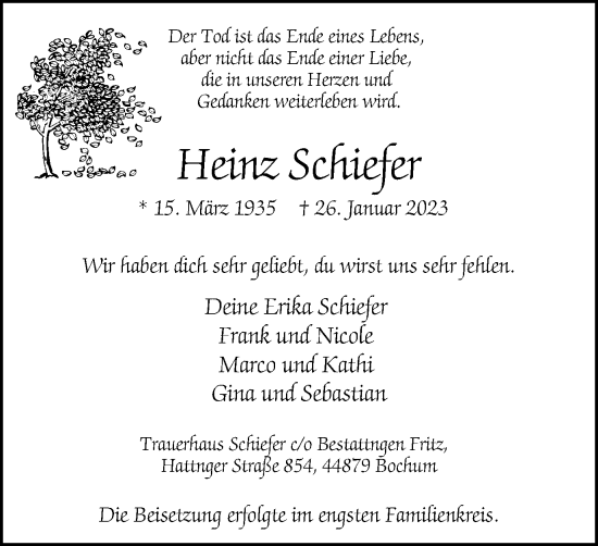 Traueranzeige von Heinz Schiefer von Tageszeitung