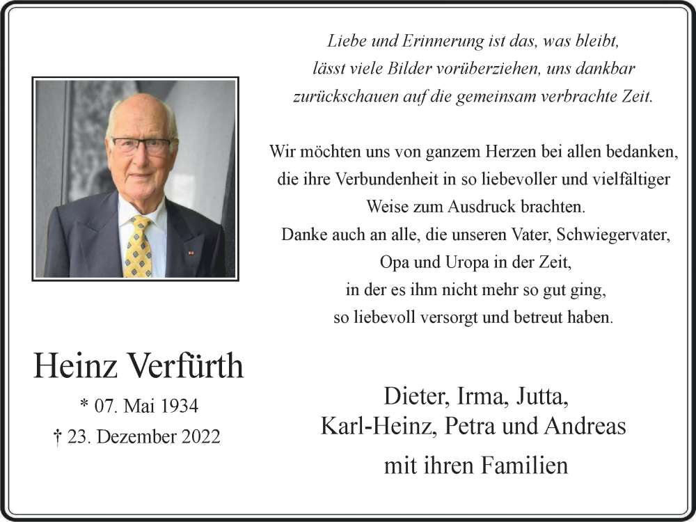  Traueranzeige für Heinz Verfürth vom 04.02.2023 aus Tageszeitung