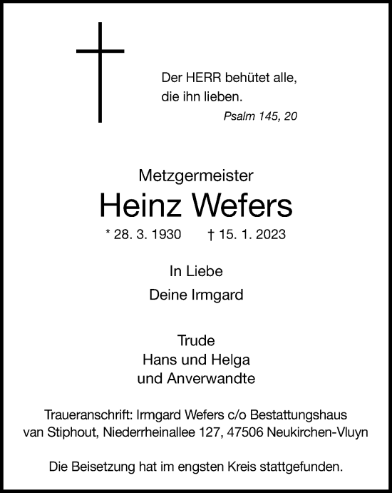 Traueranzeige von Heinz Wefers von Tageszeitung