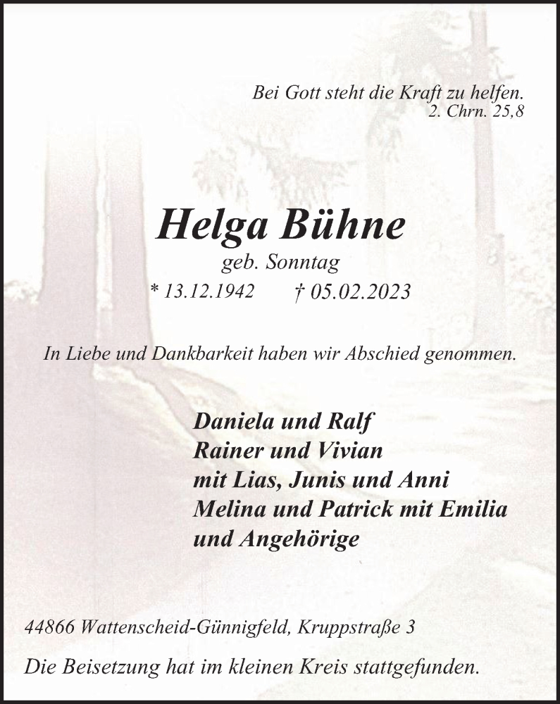  Traueranzeige für Helga Bühne vom 25.02.2023 aus Tageszeitung