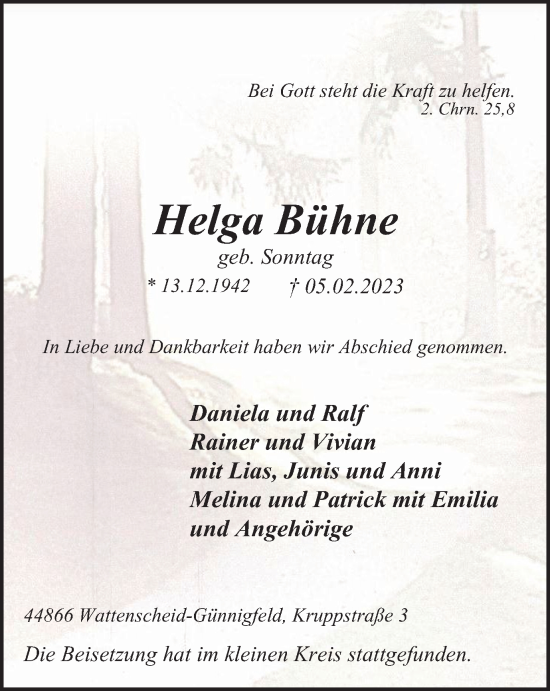 Traueranzeige von Helga Bühne von Tageszeitung