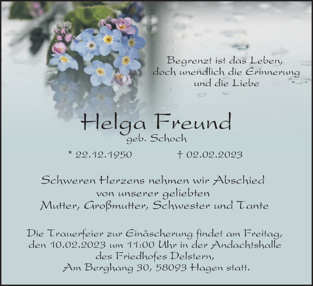  Traueranzeige für Helga Freund vom 04.02.2023 aus Tageszeitung