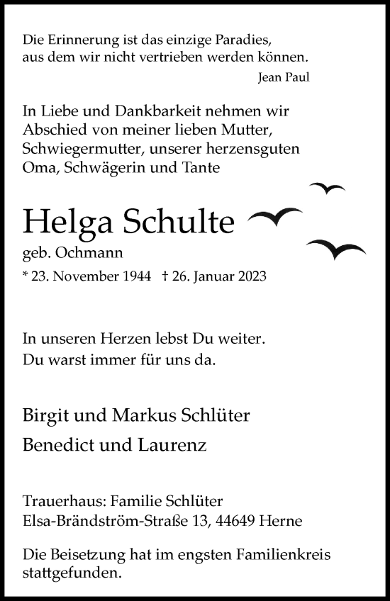 Traueranzeige von Helga Schulte von Tageszeitung