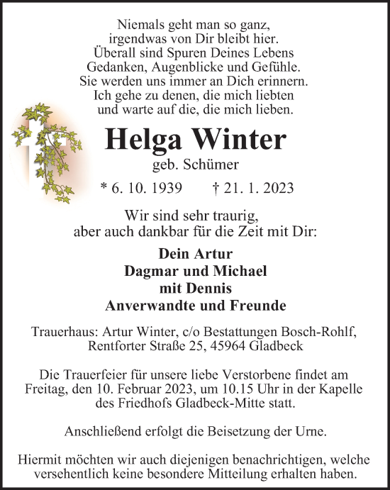 Traueranzeige von Helga Winter von WVW Anzeigenblätter