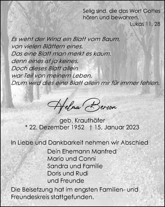 Traueranzeige von Helma Berson von Tageszeitung