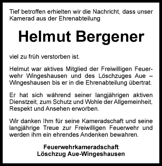 Traueranzeige von Helmut Bergener von Tageszeitung