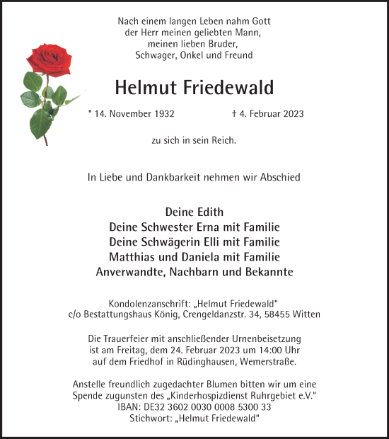 Traueranzeige von Helmut Friedewald von WVW Anzeigenblätter