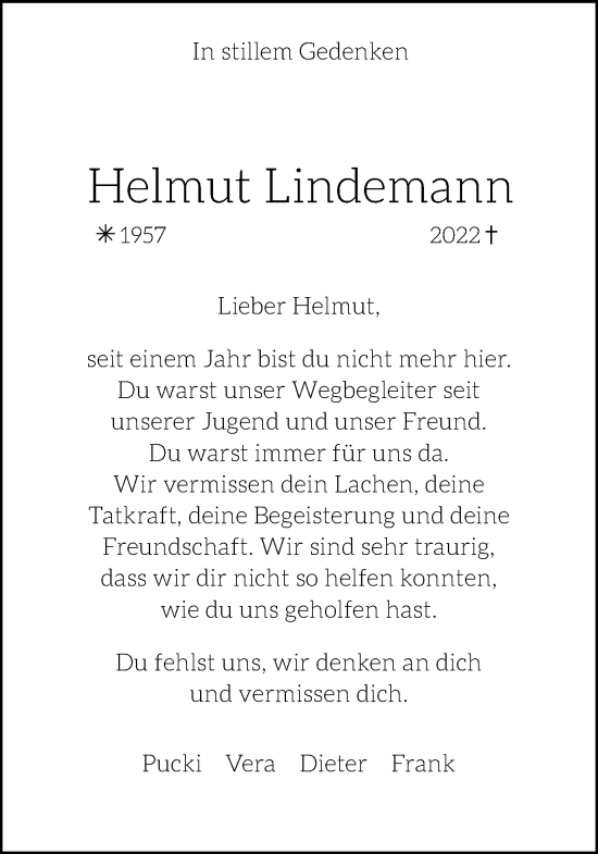 Traueranzeige von Helmut Lindemann von Tageszeitung