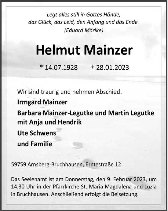 Traueranzeige von Helmut Mainzer von Tageszeitung