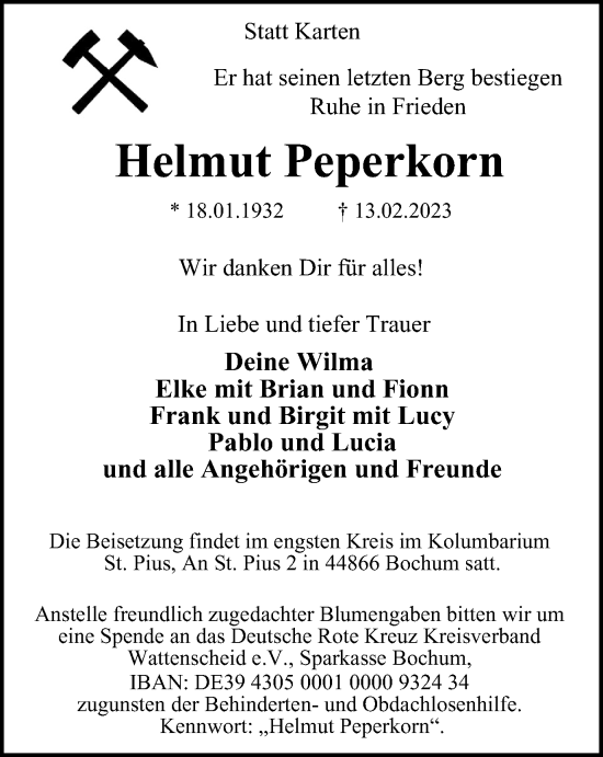 Traueranzeige von Helmut Peperkorn von Tageszeitung