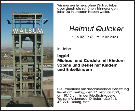 Traueranzeige von Helmut Quicker von Tageszeitung