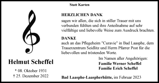 Traueranzeige von Helmut Scheffel von Tageszeitung