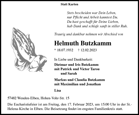 Traueranzeige von Helmuth Butzkamm von Tageszeitung