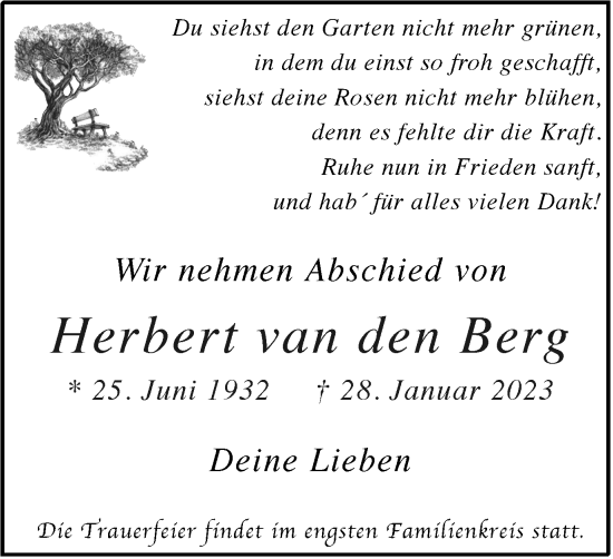 Traueranzeige von Herbert van den Berg von Tageszeitung