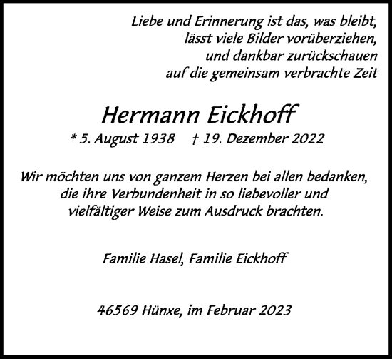 Traueranzeige von Hermann Eickhoff von Tageszeitung