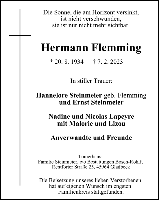 Traueranzeige von Hermann Flemming von WVW Anzeigenblätter
