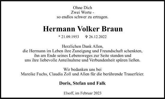 Traueranzeige von Hermann Volker Braun von Tageszeitung